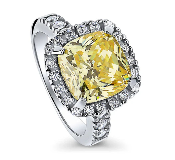 Halo Canary Yellow Cushion CZ Statement Ring in Sterling Silver