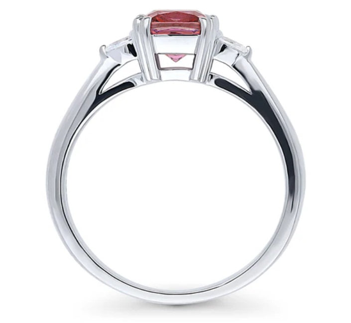 3-Stone Red Cushion CZ Ring in Sterling Silver
