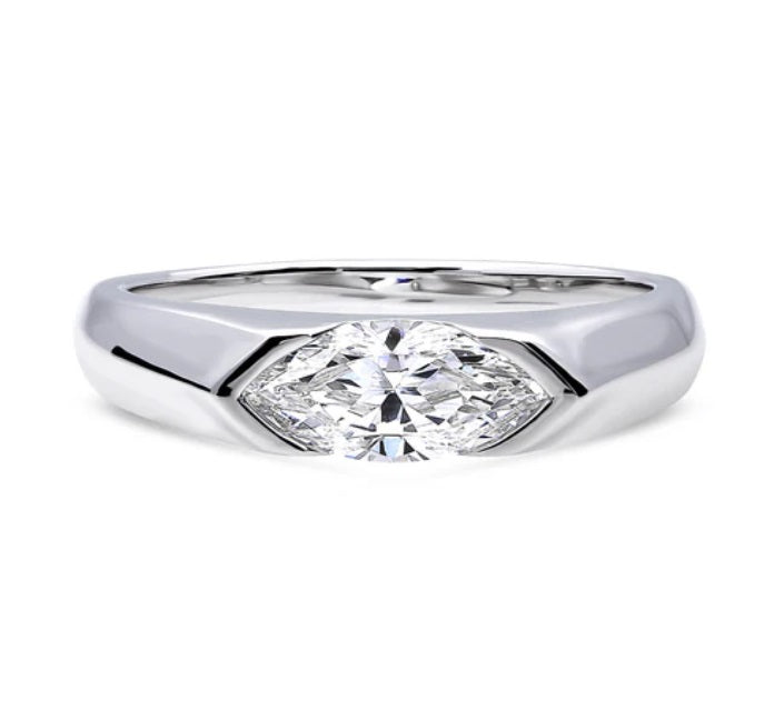 East-West Solitaire Half Bezel Set CZ Ring in Sterling Silver