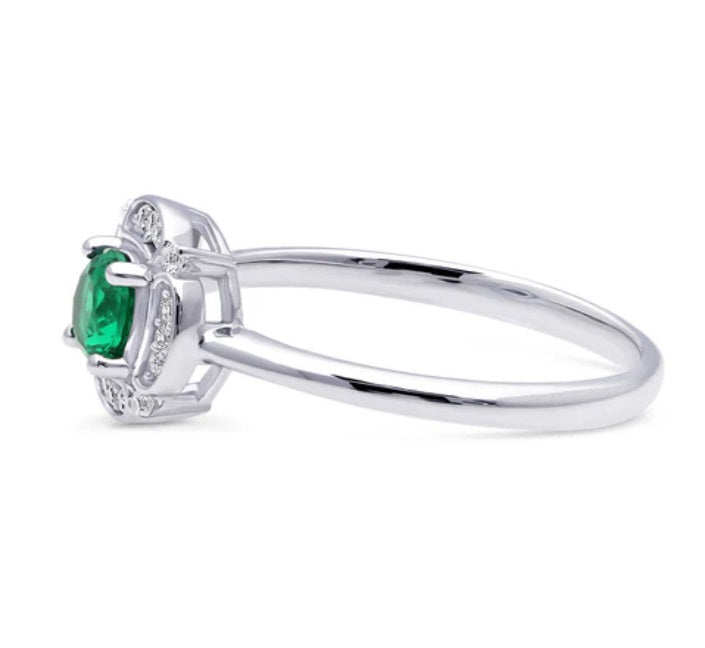 Halo Flower Green Round CZ Ring in Sterling Silver