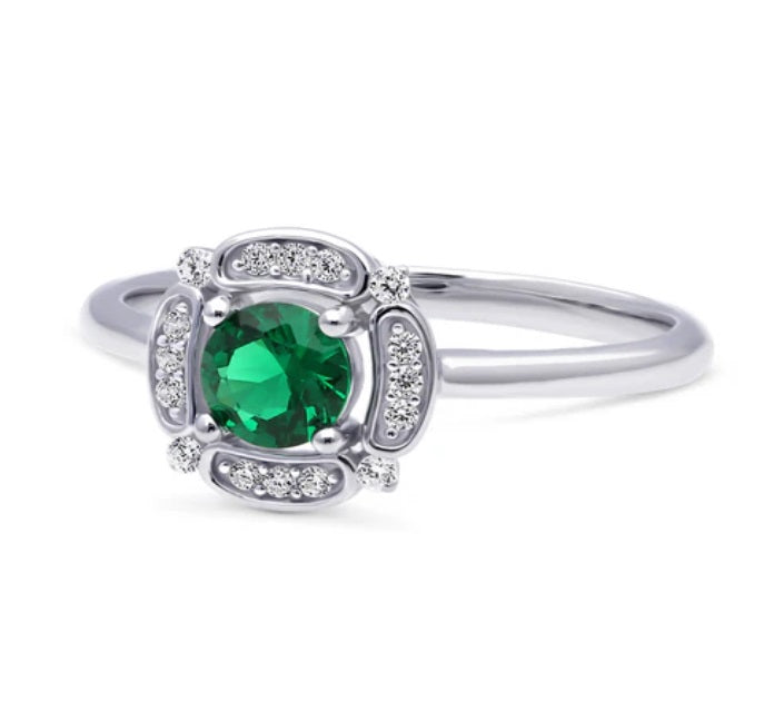 Halo Flower Green Round CZ Ring in Sterling Silver