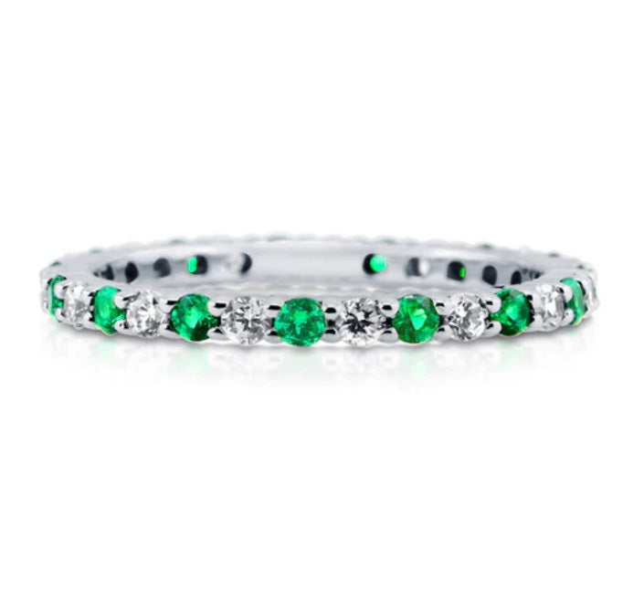 Simulated Emerald Pave Set CZ Eternity Ring in Sterling Silver