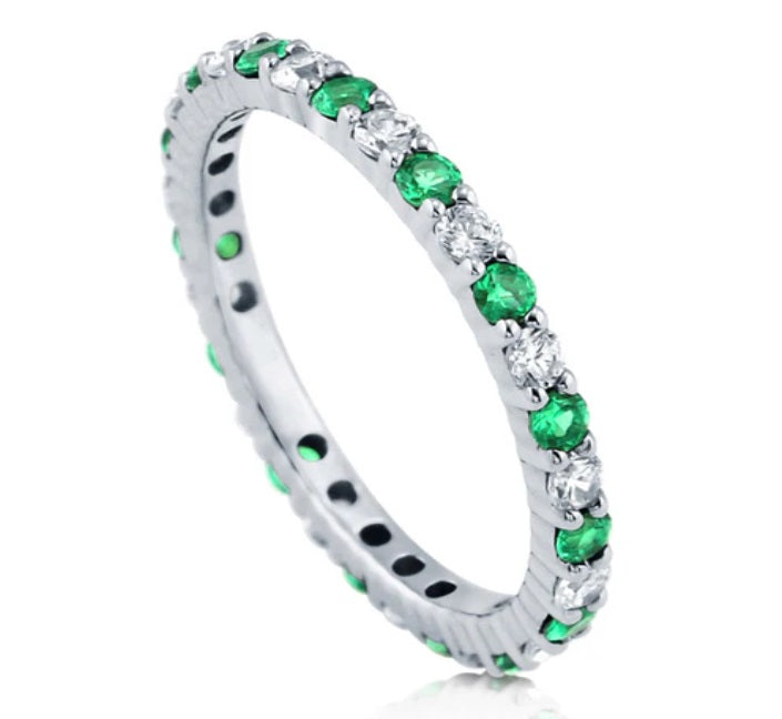 Simulated Emerald Pave Set CZ Eternity Ring in Sterling Silver