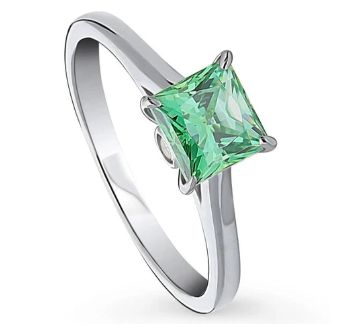 Solitaire Green Princess CZ Ring in Sterling Silver 1.2ct