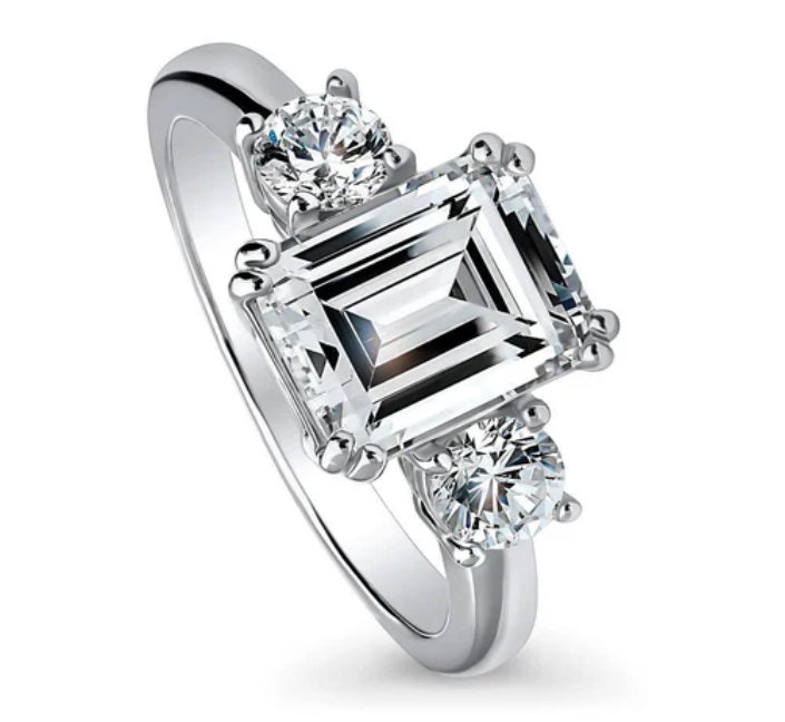 3-Stone Emerald Cut CZ Ring in Sterling Silver