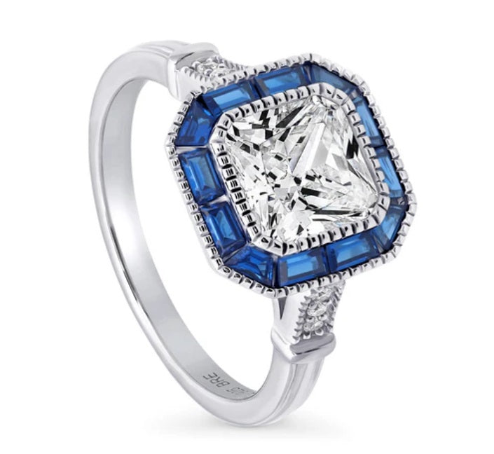 Halo Art Deco Princess CZ Ring in Sterling Silver