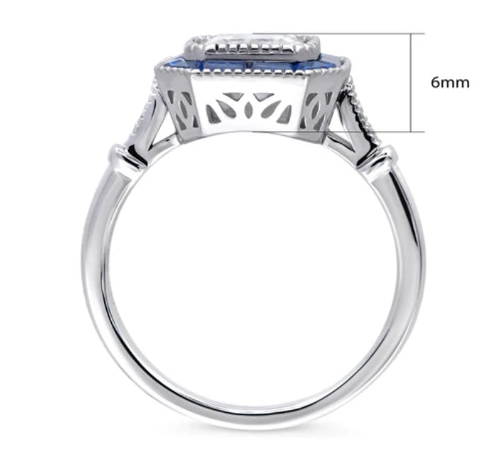 Halo Art Deco Princess CZ Ring in Sterling Silver