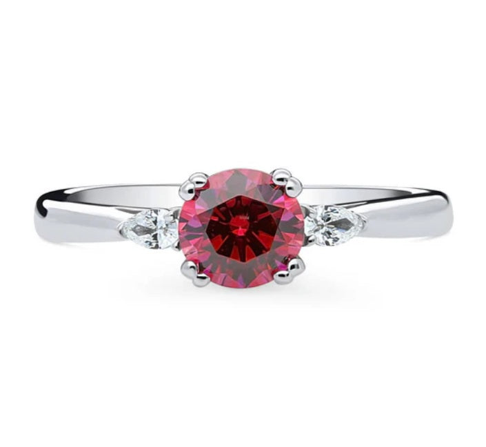 3-Stone Red Round CZ Ring in Sterling Silver