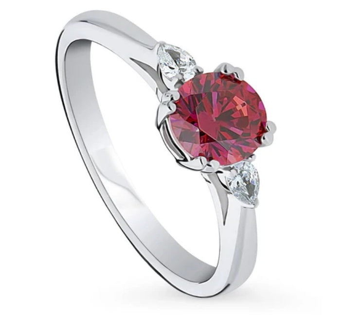 3-Stone Red Round CZ Ring in Sterling Silver