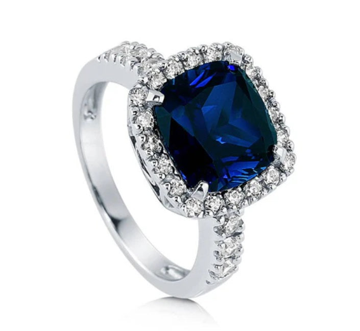 Halo Simulated Blue Sapphire Cushion CZ Ring in Sterling Silver