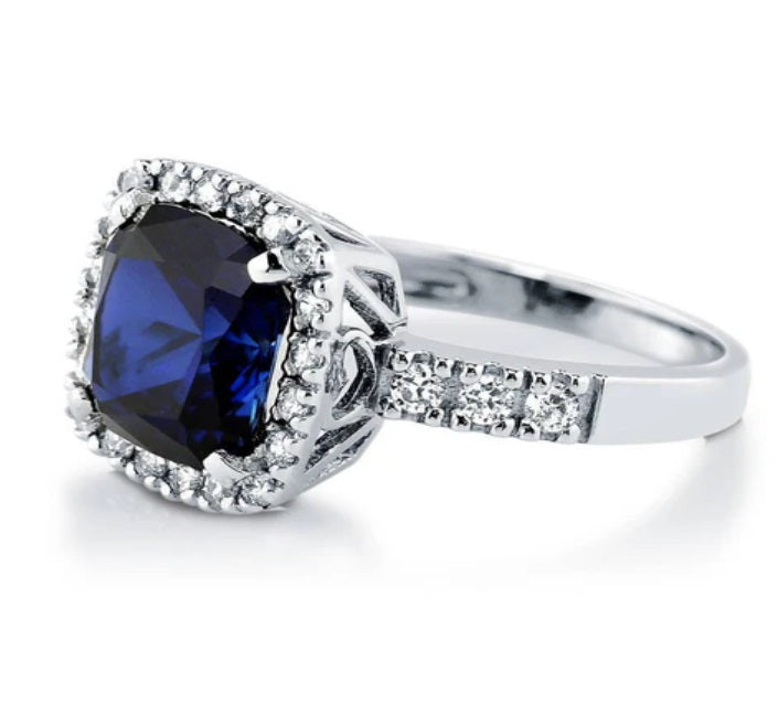 Halo Simulated Blue Sapphire Cushion CZ Ring in Sterling Silver
