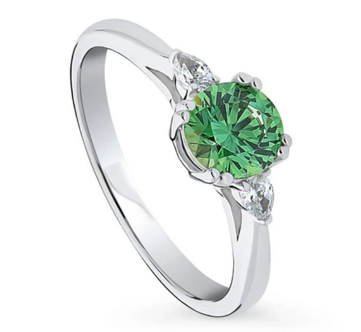 3-Stone Green Round CZ Ring in Sterling Silver