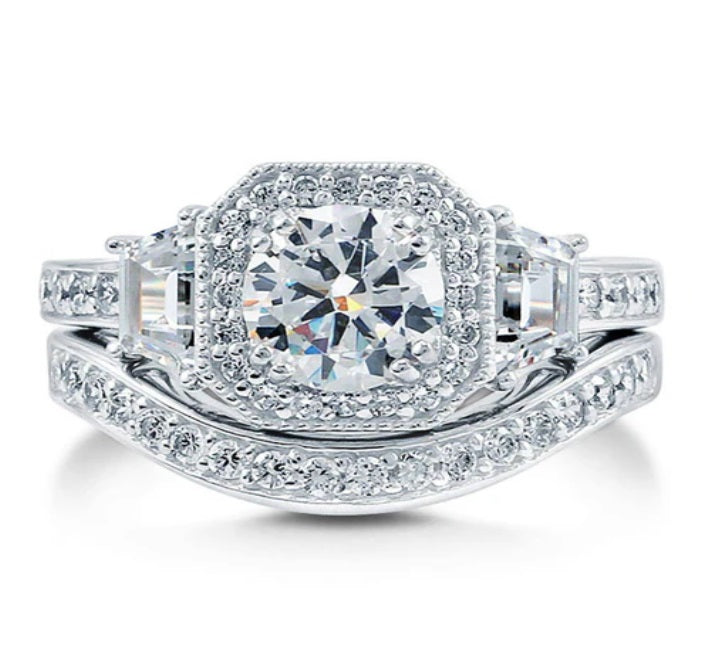 Halo Art Deco Round CZ Ring Set in Sterling Silver