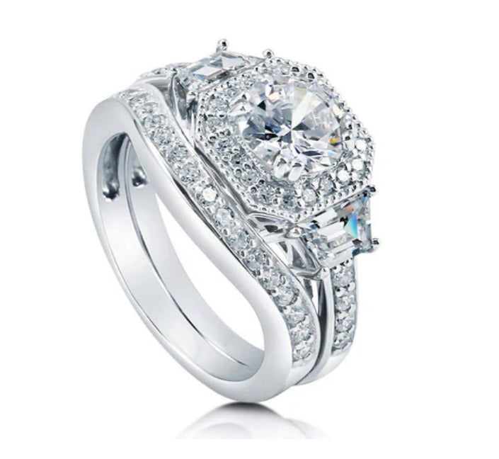 Halo Art Deco Round CZ Ring Set in Sterling Silver