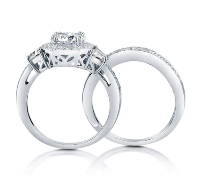 Halo Art Deco Round CZ Ring Set in Sterling Silver