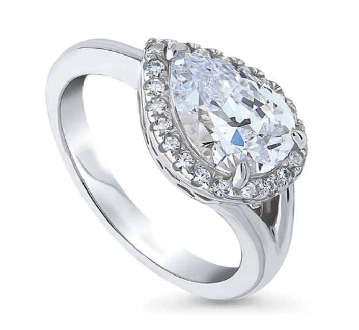 Halo East-West Pear CZ Split Shank Ring in Sterling Silver