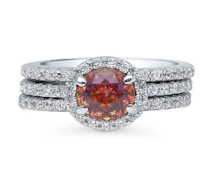 Halo Kaleidoscope Red Orange Round CZ Ring Set in Sterling Silver