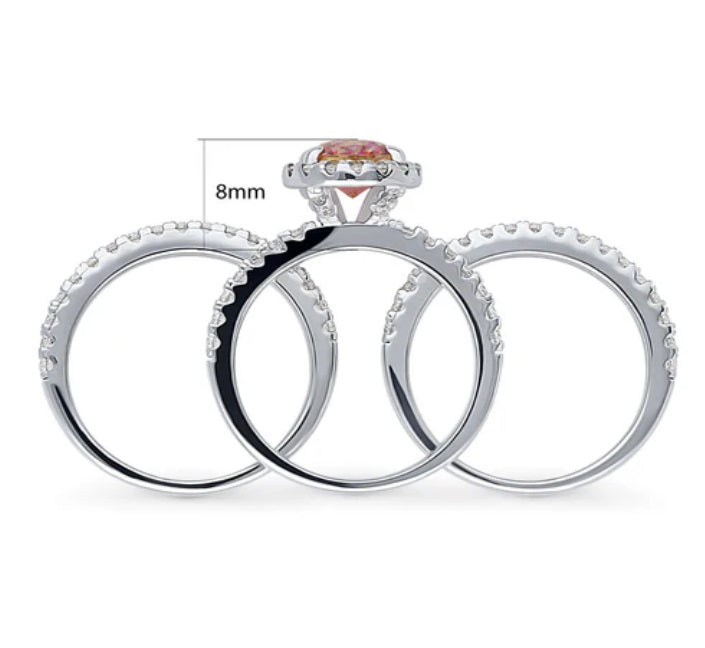 Halo Kaleidoscope Red Orange Round CZ Ring Set in Sterling Silver
