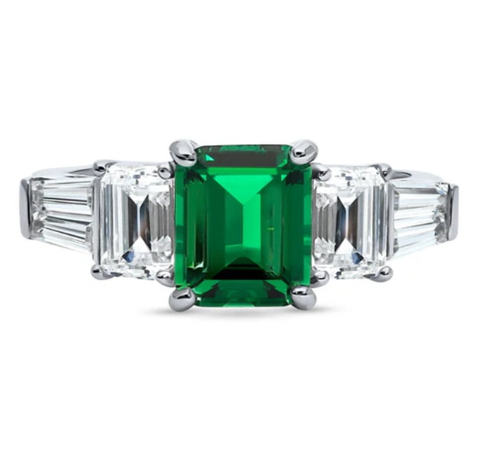 3-Stone Simulated Emerald CZ Ring in Sterling Silver