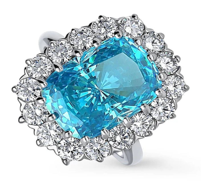 Halo Blue Cushion CZ Statement Ring in Sterling Silver