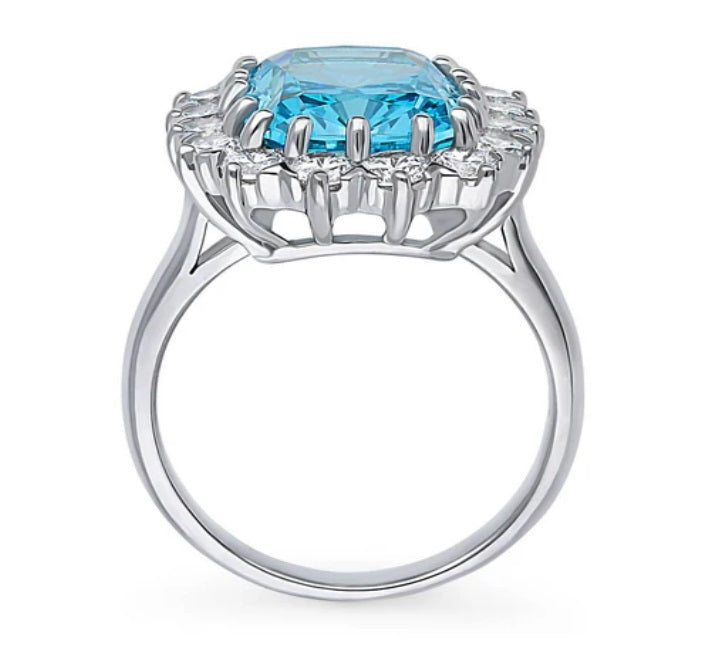 Halo Blue Cushion CZ Statement Ring in Sterling Silver