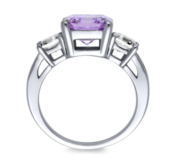 3-Stone Purple Asscher CZ Statement Ring in Sterling Silver