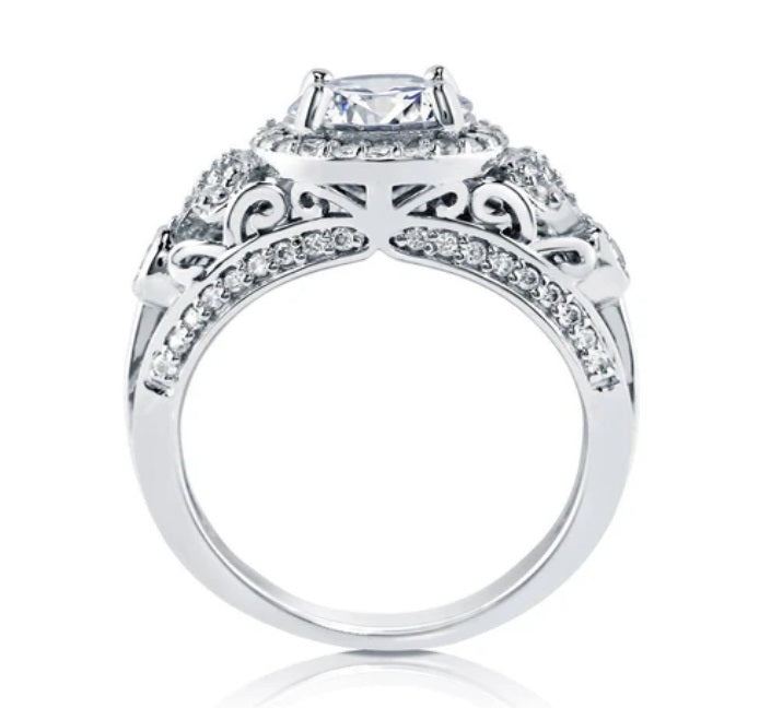 Halo Art Deco Round CZ Ring in Sterling Silver
