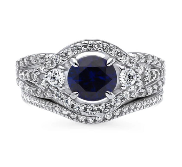 3-Stone Simulated Blue Sapphire Round CZ Ring Set in Sterling Silver