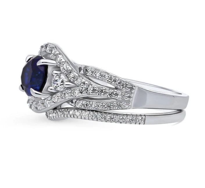 3-Stone Simulated Blue Sapphire Round CZ Ring Set in Sterling Silver