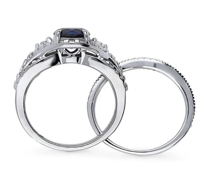 3-Stone Simulated Blue Sapphire Round CZ Ring Set in Sterling Silver