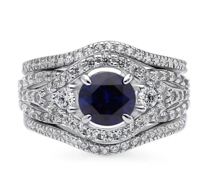 3-Stone Simulated Blue Sapphire Round CZ Ring Set in Sterling Silver