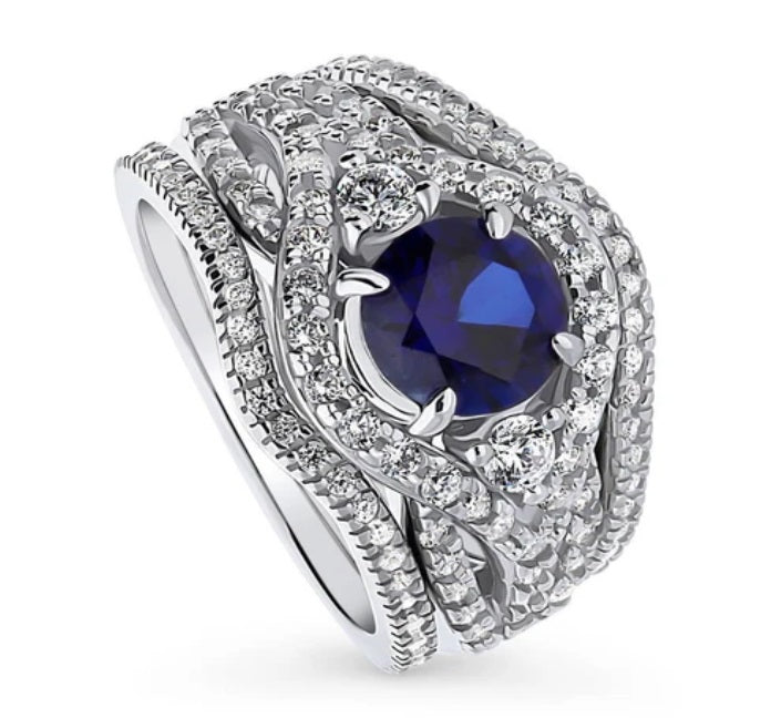 3-Stone Simulated Blue Sapphire Round CZ Ring Set in Sterling Silver