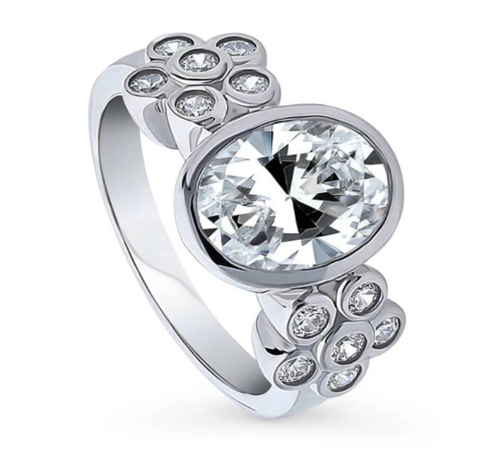 Flower Solitaire Bezel Set CZ Ring in Sterling Silver