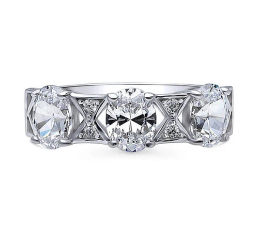 3-Stone Art Deco Oval CZ Statement Ring in Sterling Silver