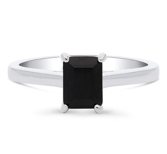 Solitaire Black Emerald Cut CZ Ring in Sterling Silver 1ct