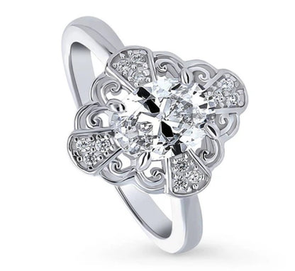Halo Flower Oval CZ Ring in Sterling Silver