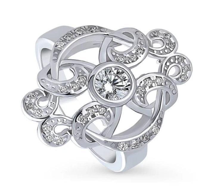 Flower Art Deco CZ Statement Ring in Sterling Silver