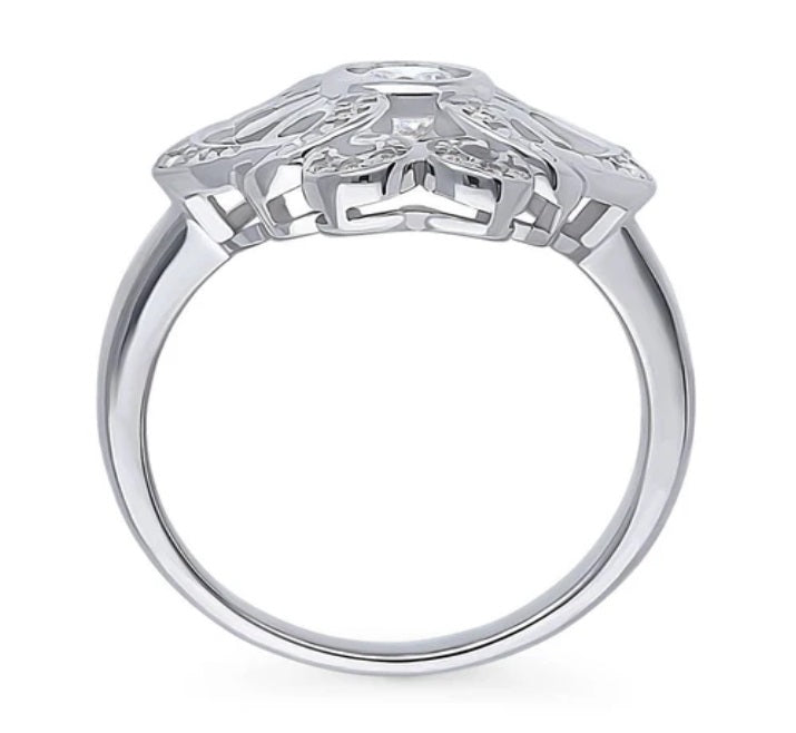 Flower Art Deco CZ Statement Ring in Sterling Silver