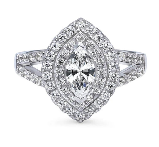 Halo Marquise CZ Statement Split Shank Ring in Sterling Silver