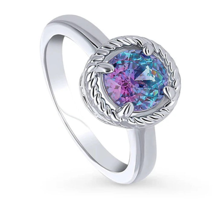 Solitaire Purple Aqua Round CZ Ring in Sterling Silver 1.25ct