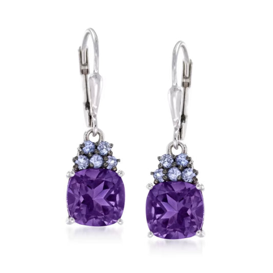 3.40 ctw Amethyst and .30 ctw Tanzanite Drop Earrings in Sterling Silver