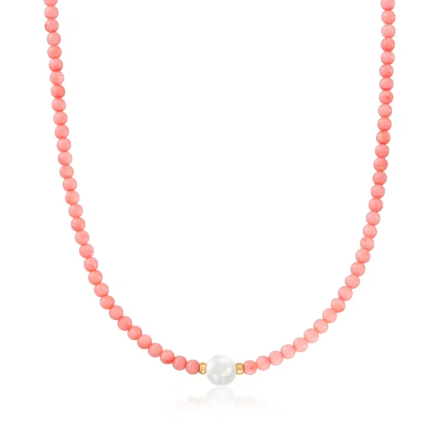 4mm Pink Coral Bead and 8.5-9mm Cultured Pearl Necklace with 18kt Gold Over Sterling