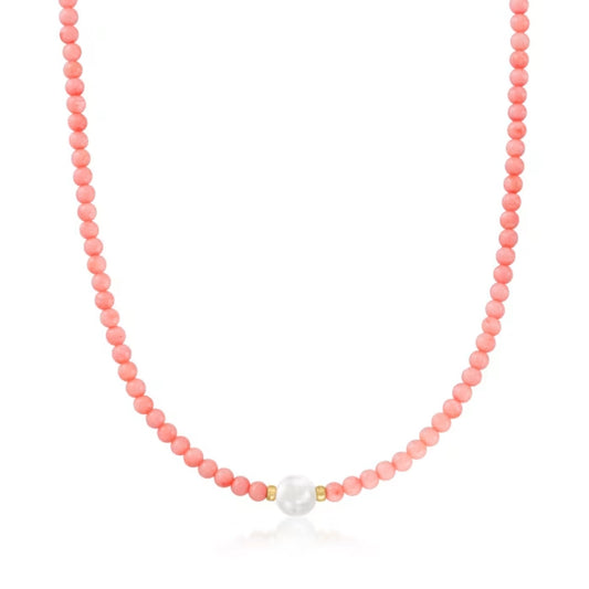 4mm Pink Coral Bead and 8.5-9mm Cultured Pearl Necklace with 18kt Gold Over Sterling