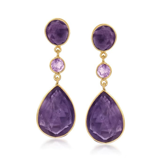 24.50 ctw. Amethyst Drop Earrings in 18kt Gold Over Sterling