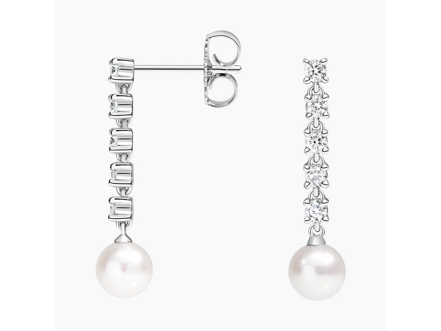 Diamonds & Pearls 18K White Gold Cultured Pearl and Lab Diamond Tennis Earrings 1/3 ctw