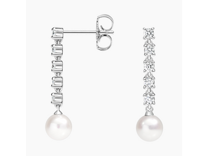 Diamonds & Pearls 18K White Gold Cultured Pearl and Lab Diamond Tennis Earrings 1/3 ctw