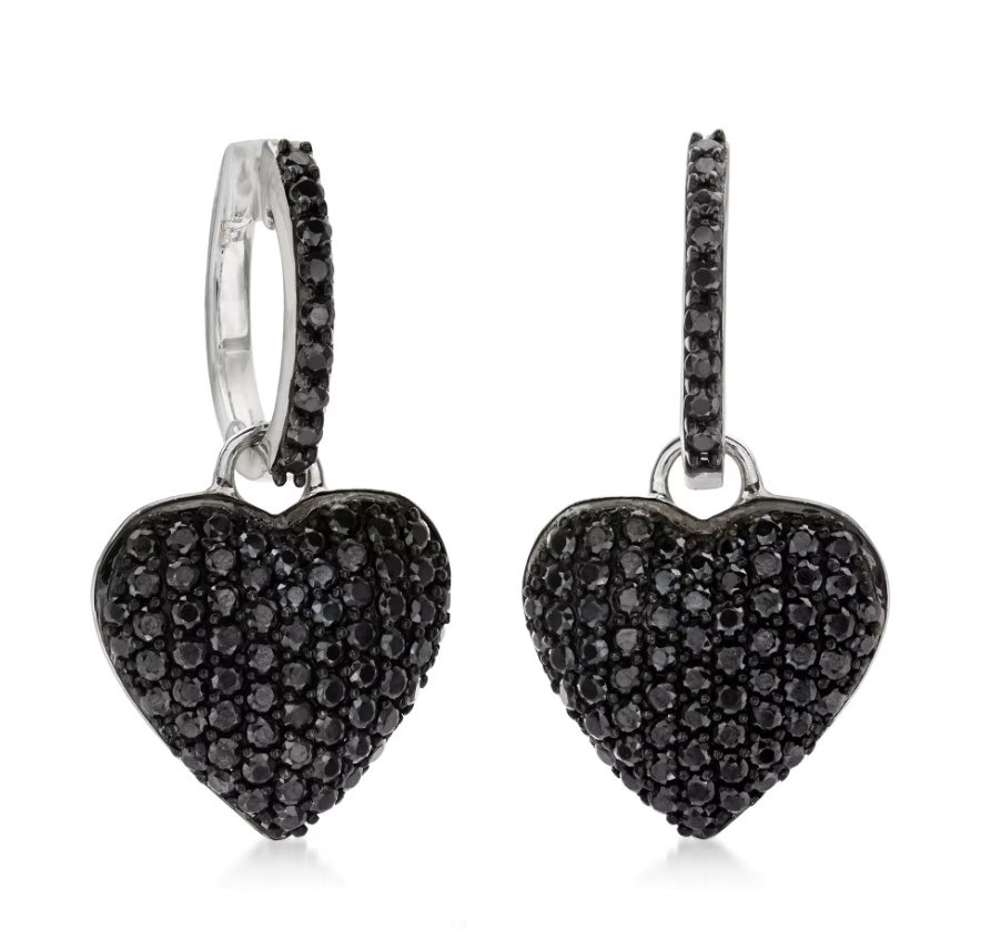 2.10 ctw Pave Black Spinel Removable Heart Drop Earrings in Sterling Silver