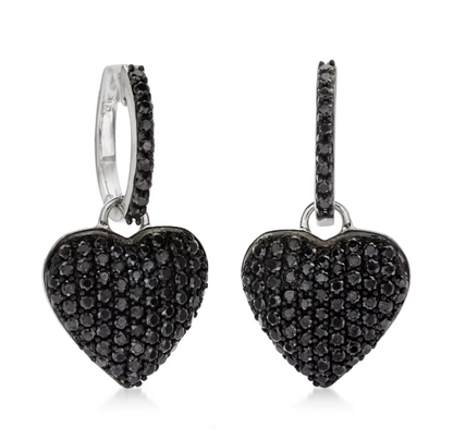 2.10 ctw Pave Black Spinel Removable Heart Drop Earrings in Sterling Silver