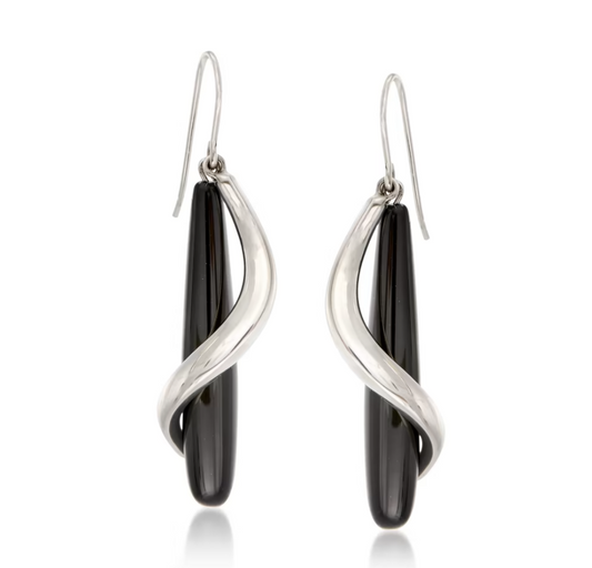 Black Onyx Teardrop and Sterling Silver Spiral Drop Earrings