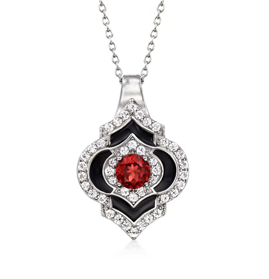 .70 Carat Garnet and Black Enamel Pendant Necklace with .70 ctw White Topaz in Sterling Silver. 18"